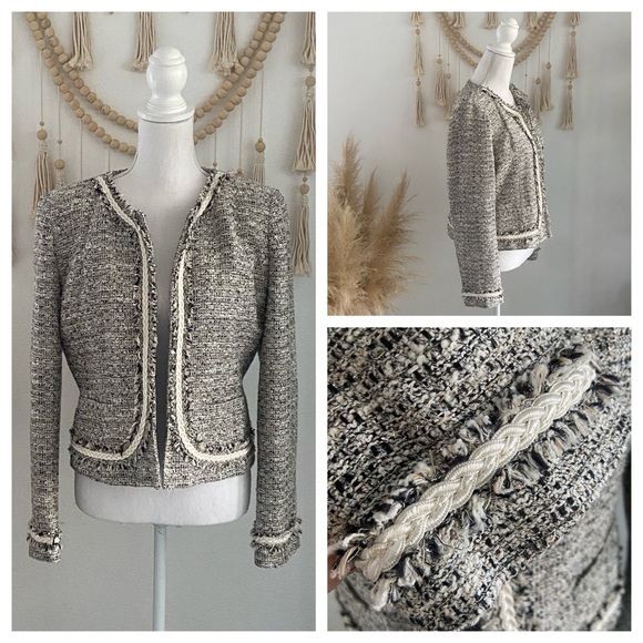 Ellen Tracy tweed blazer jacket sparkle black cream grey Chanel vibe size 10 - Picture 1 of 16